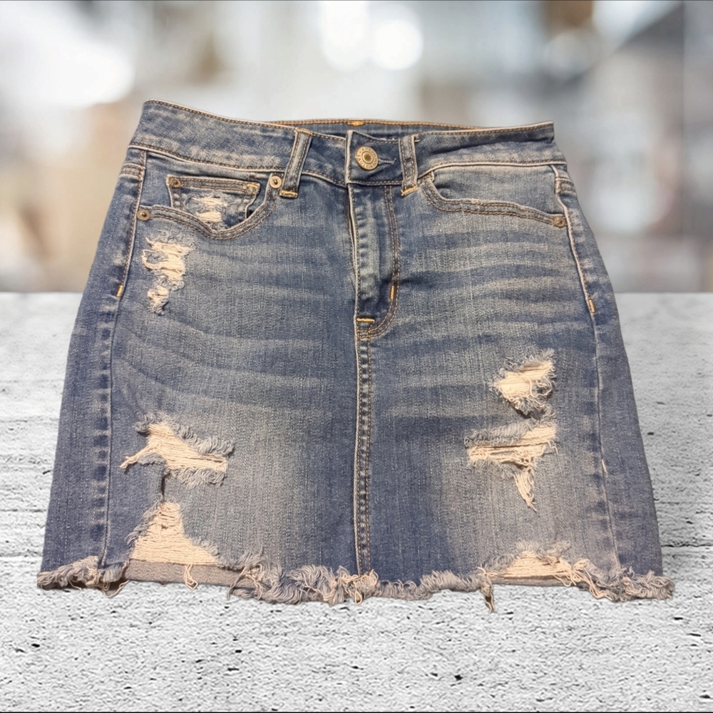 AEO super stretch distressed denim mini skirt size 2